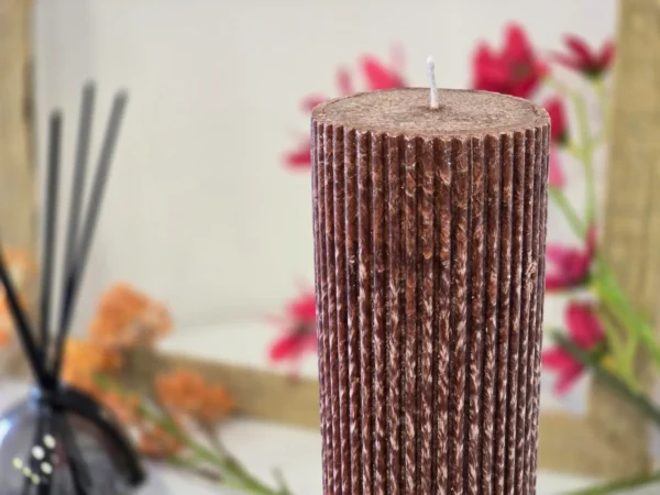 Handmade palm wax candle ribbed brown crystal