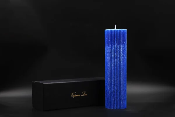 Handmade palm wax candle ribbed blue crystal